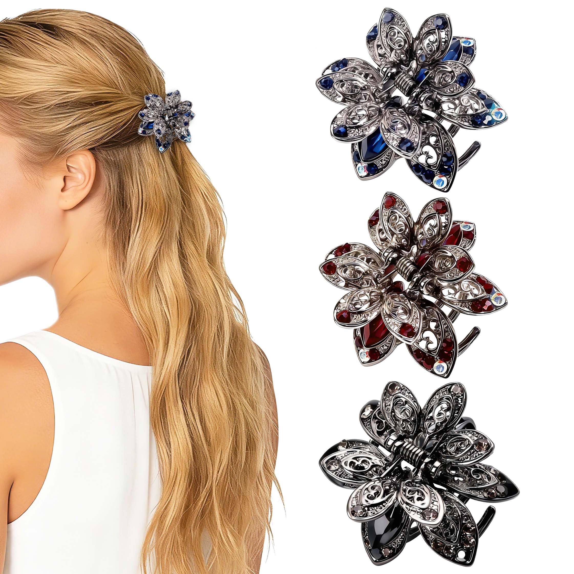 TXIN front view showing rhinestone floral clip, adds sparkle to hairstyles