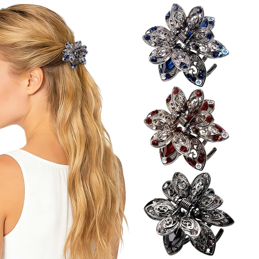 TXIN front view showing rhinestone floral clip, adds sparkle to hairstyles