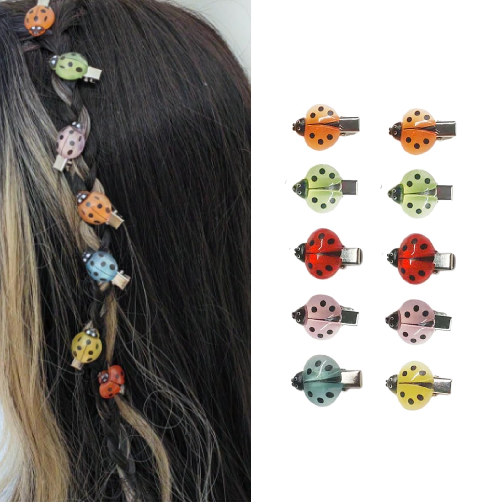 TYATVS front packaging showing ten multicolor ladybug clips, clear set display