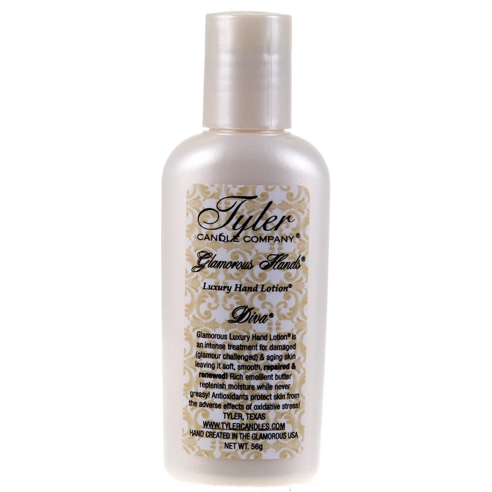 TYLER CANDLE COMPANY Diva hand lotion bottle front view showing travel-friendly size and scent