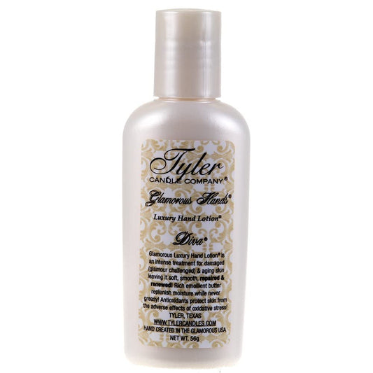 TYLER CANDLE COMPANY Diva hand lotion bottle front view showing travel-friendly size and scent
