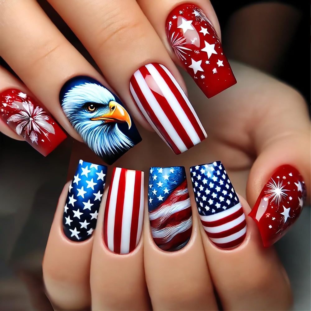 tyuimhx front packaging showing 24 patriotic press-on nails for instant style