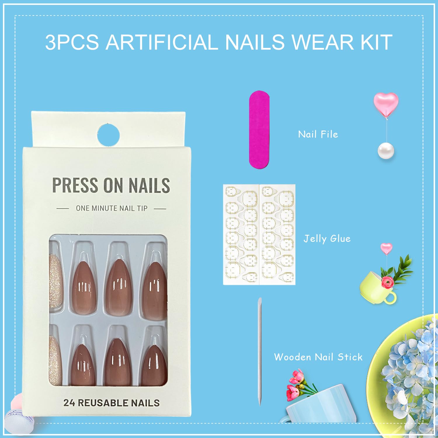 Tyuimhx spread of 24 nails with mini file and stick showing complete included kit benefit