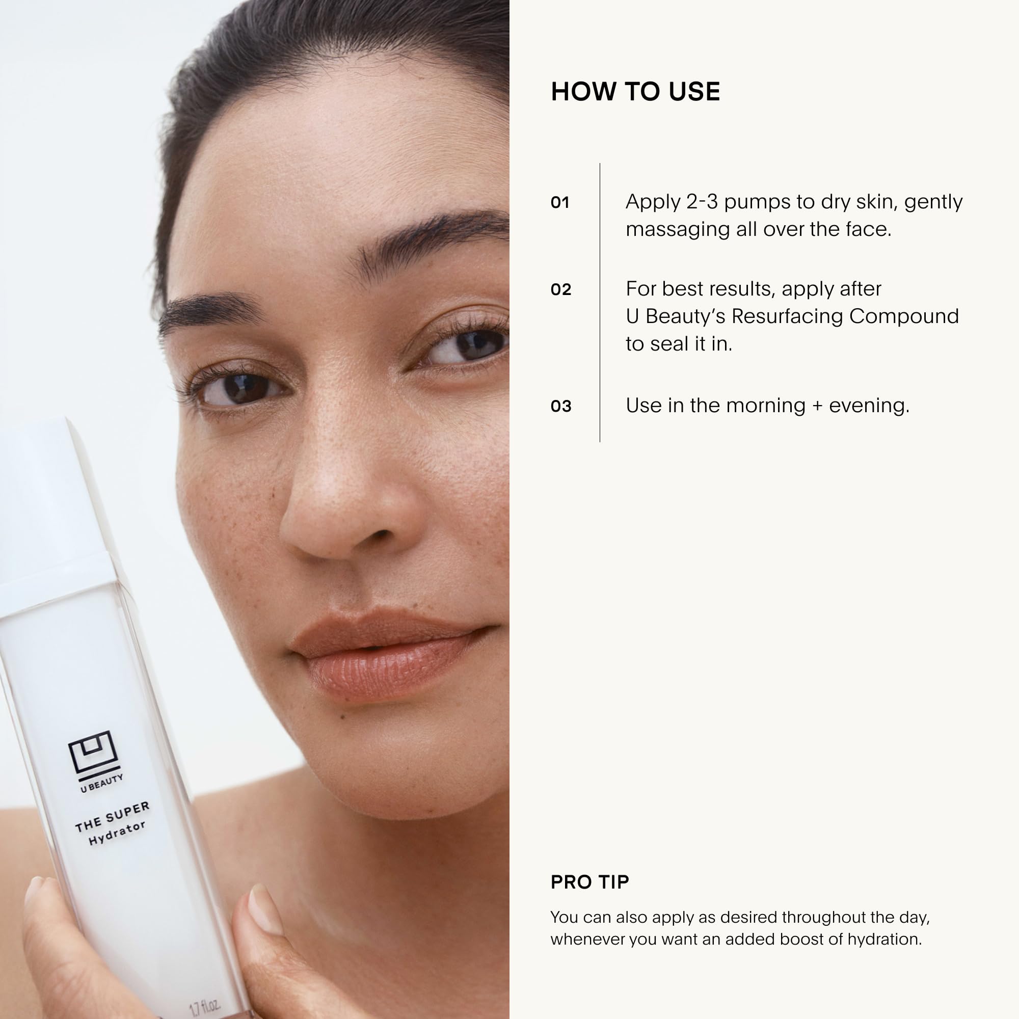 U Beauty jar in hand showing 1.7 fl oz scale for travel-friendly benefit