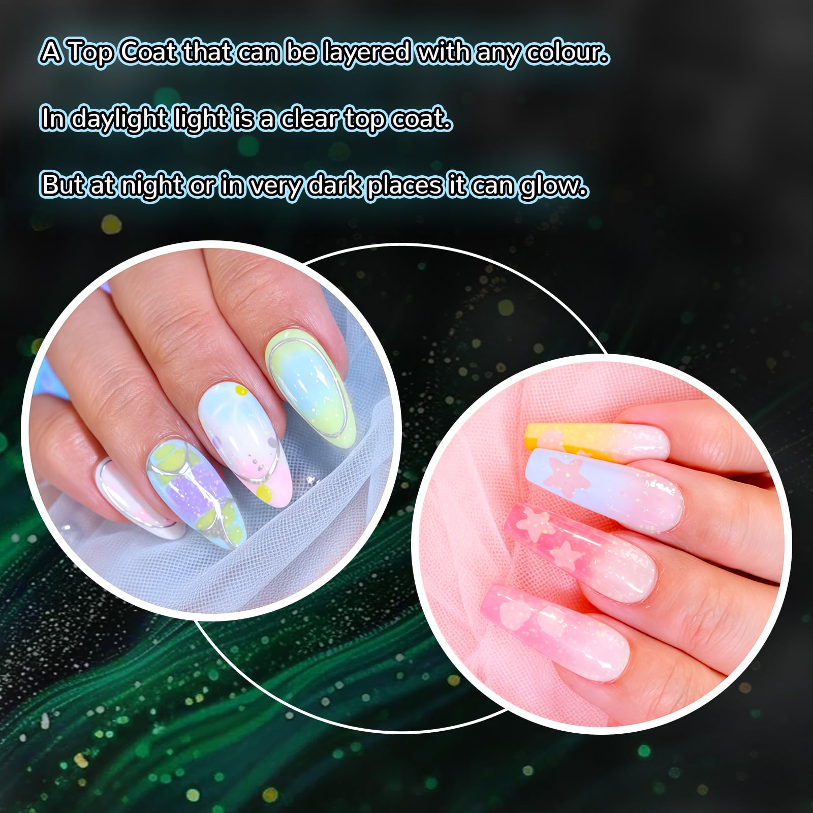 U-Shinein finished blue glitter nails in lifestyle scene for eye-catching glow