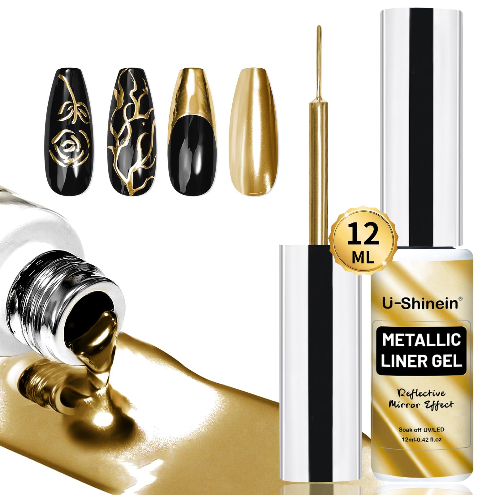 U-Shinein front bottle metallic gel showing glossy mirror benefit