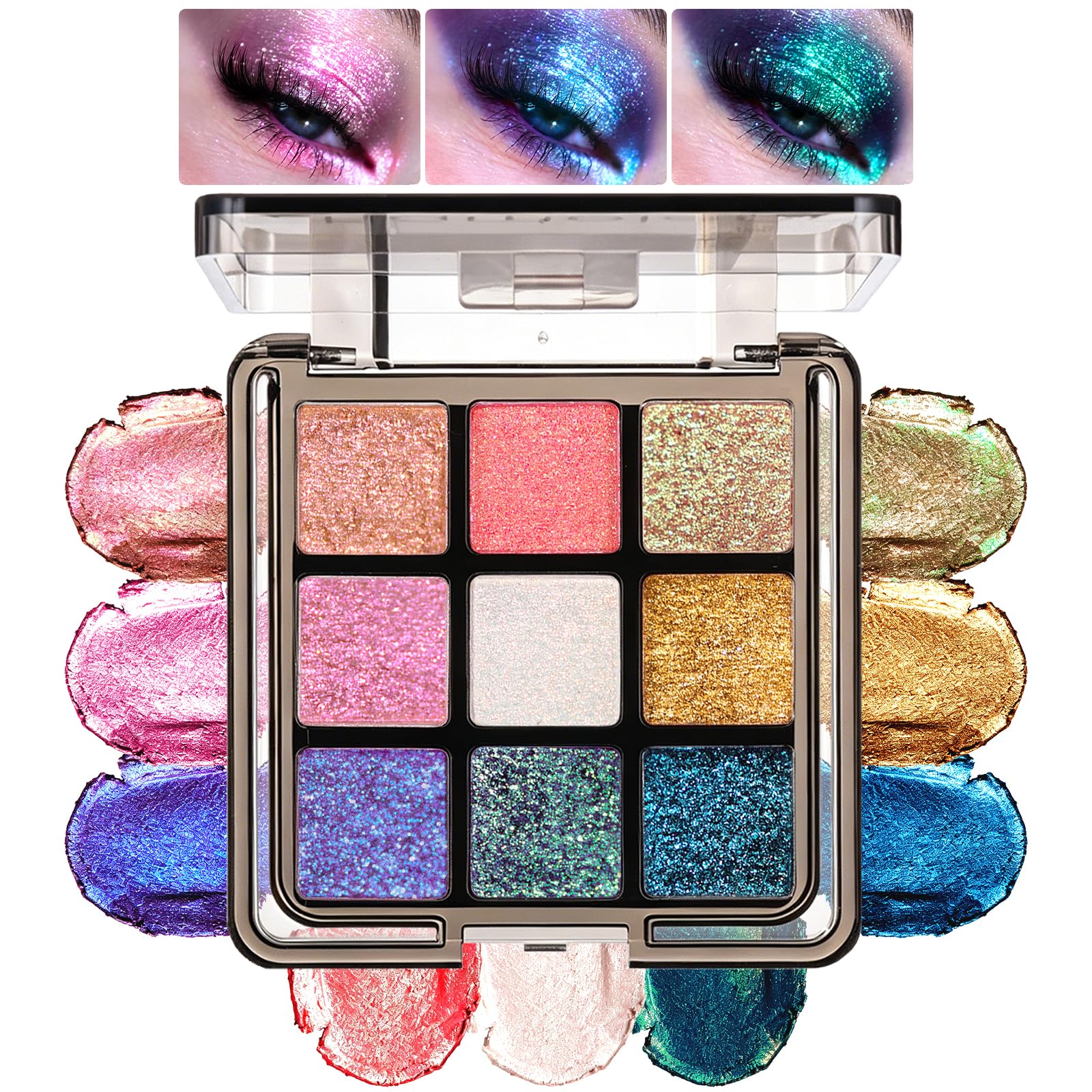 U-Shinein front palette showing nine holographic shades and portable compact design