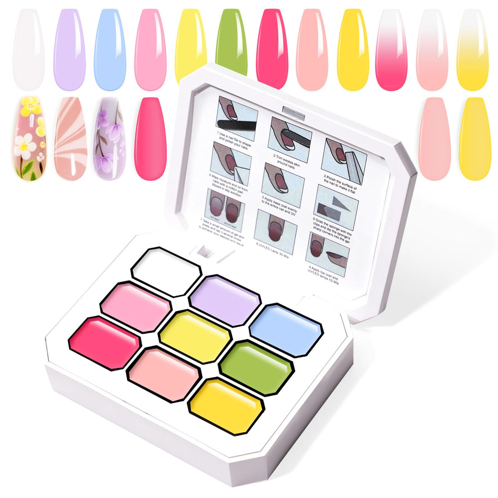 U-Shinein front packaging showing full 9-color gel palette and accessories benefits versatility