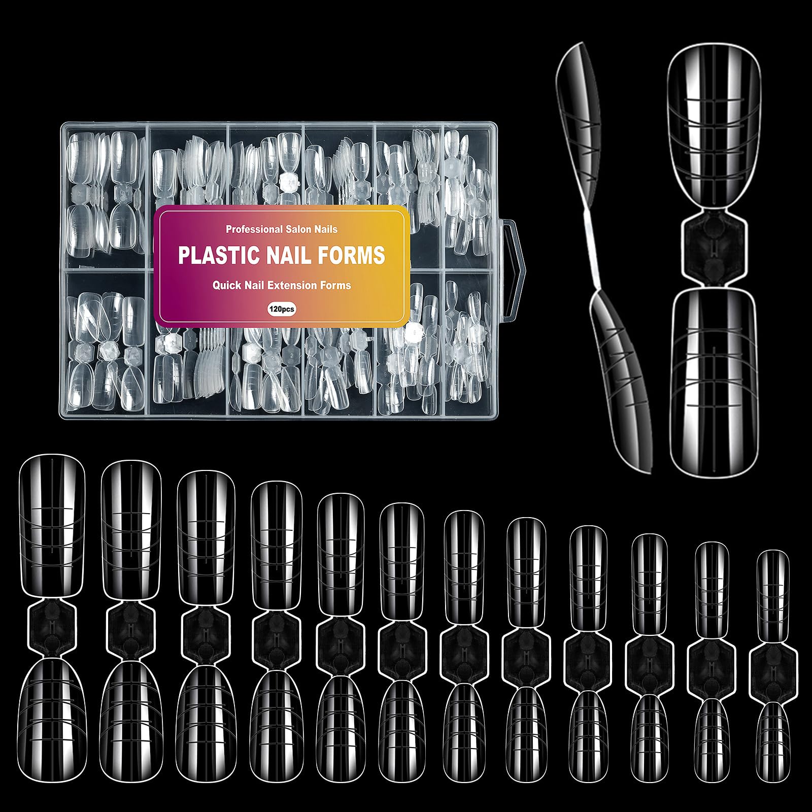 U-Shinein front packaging showing 120 reusable nail forms and case, convenient storage benefit