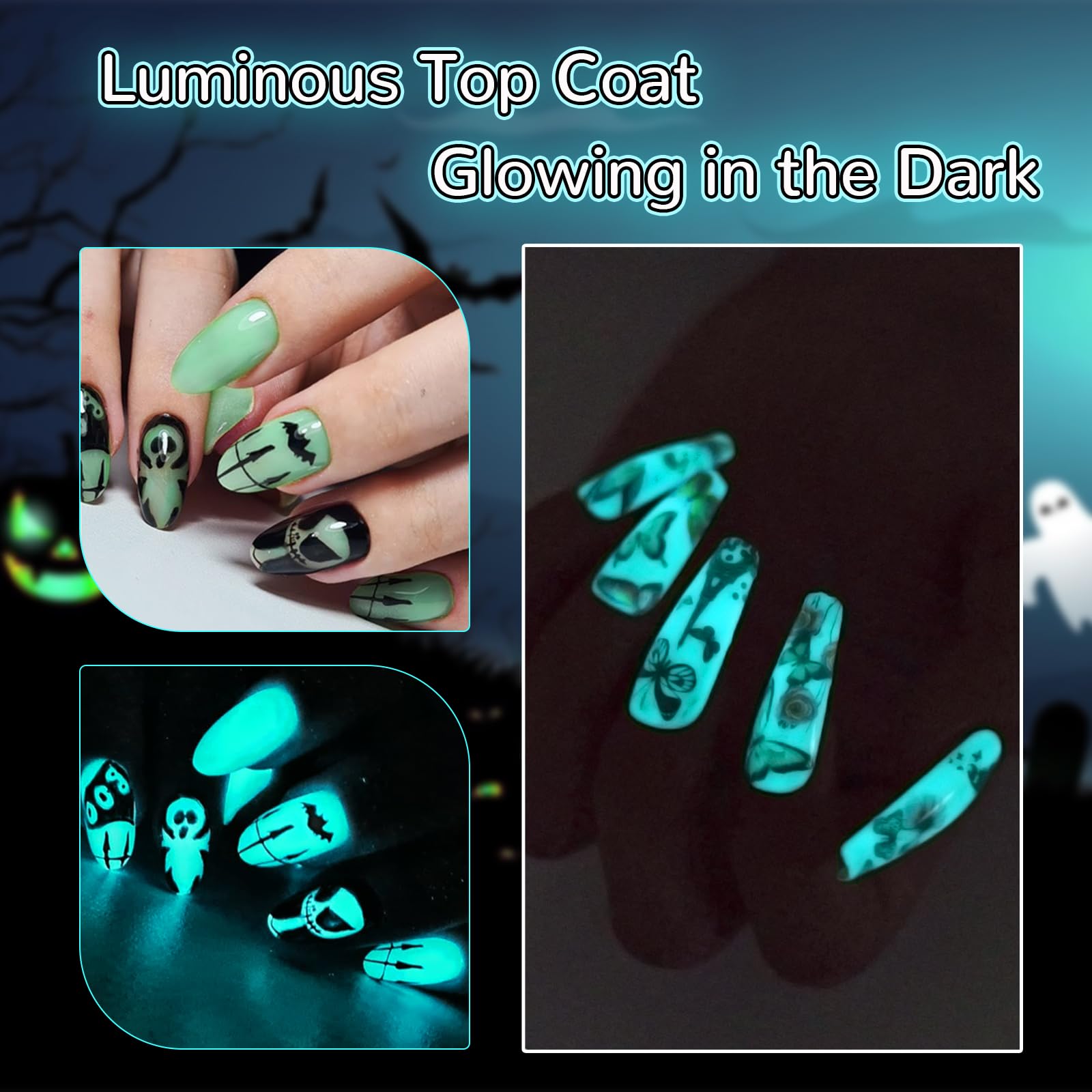 U-Shinein nails glowing blue-green in darkness for party-ready looks