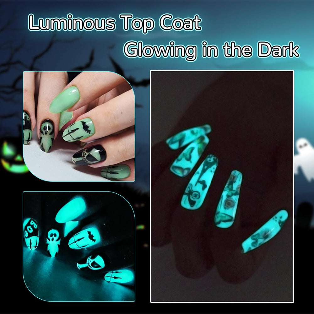 U-Shinein nails glowing blue-green in darkness for party-ready looks