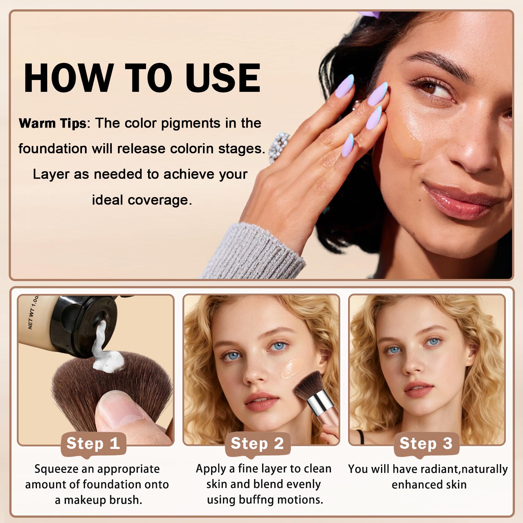 UAOE application with brush buffing foundation for natural finish benefit