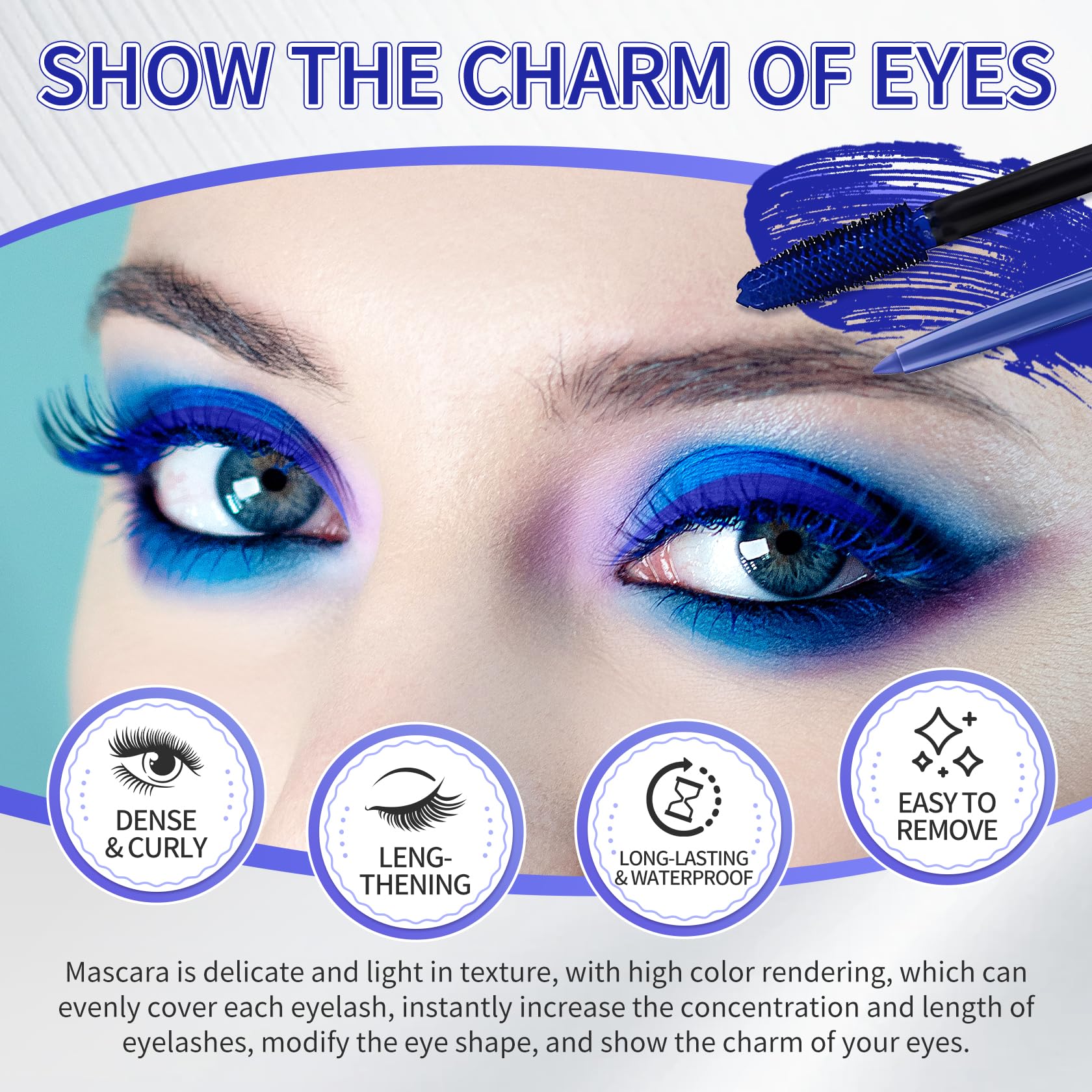 UAOE mascara swatches on skin demonstrating rich blue pigment and even coverage