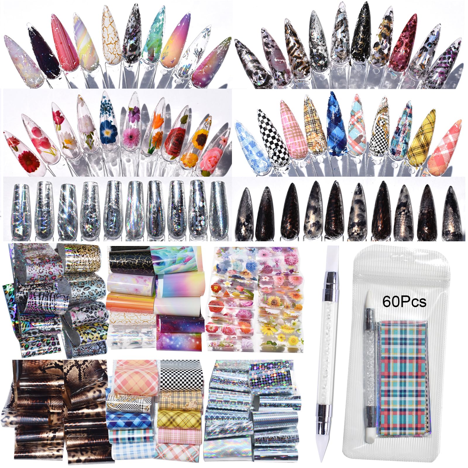 UARUOGP pack front view showing 60 mixed foil designs and tool for instant variety