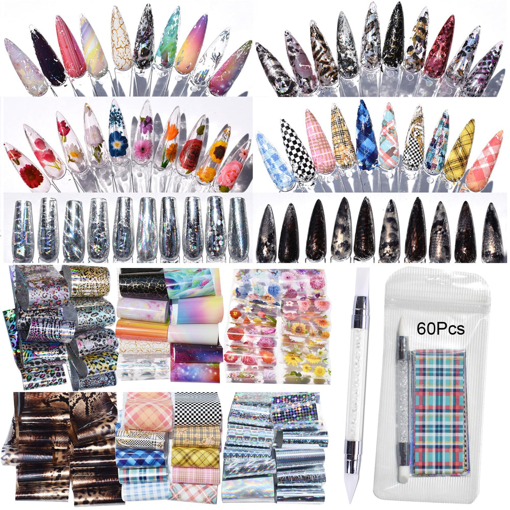 UARUOGP pack front view showing 60 mixed foil designs and tool for instant variety