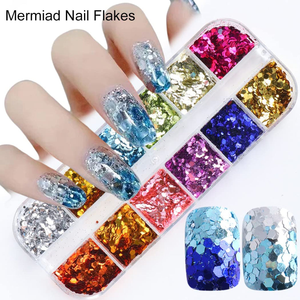 UARUOGP glitter applied on a fingernail demonstrating vivid holographic color shift