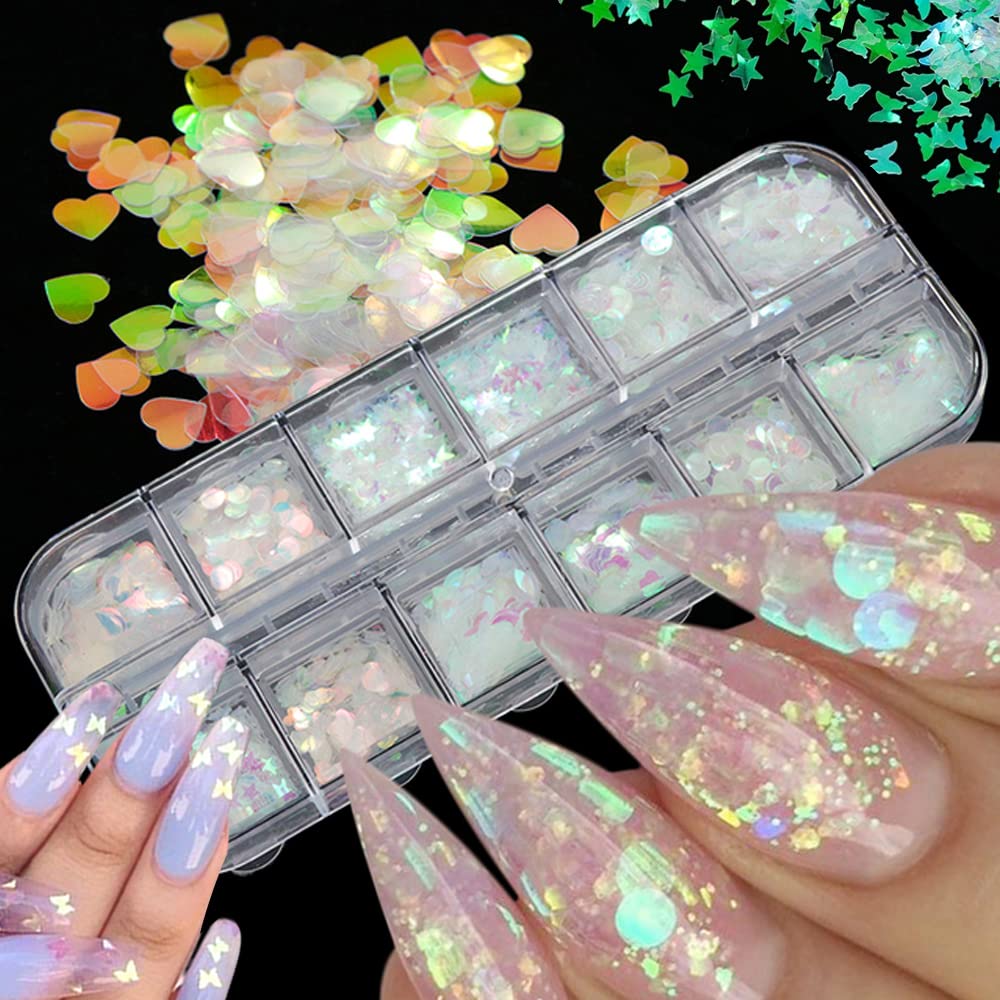 UARUOGP close-up of diverse holographic sequin shapes offering vibrant prismatic sparkle