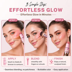 UCANBE fingers blending blush on cheek demonstrating quick, easy application benefit