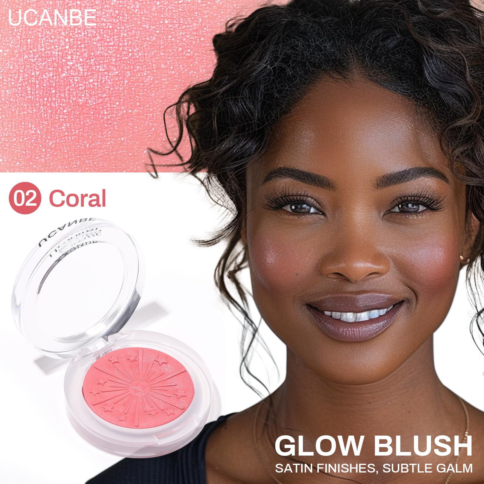 UCANBE close-up of baked blush texture highlighting silky shimmer finish