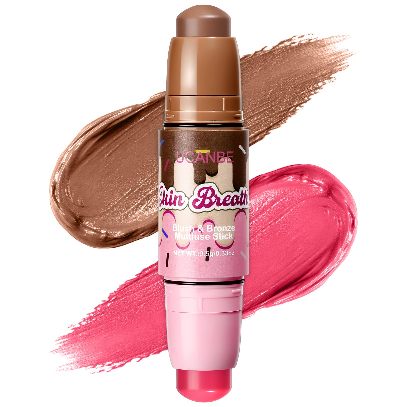 UCANBE front view of dual-ended blush and bronzer stick showing compact design and convenience