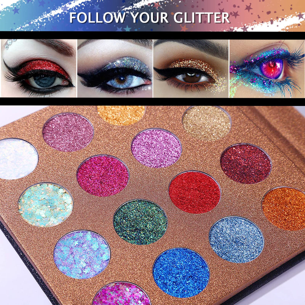 UCANBE close-up of chunky gel glitter pans showing intense reflective payoff