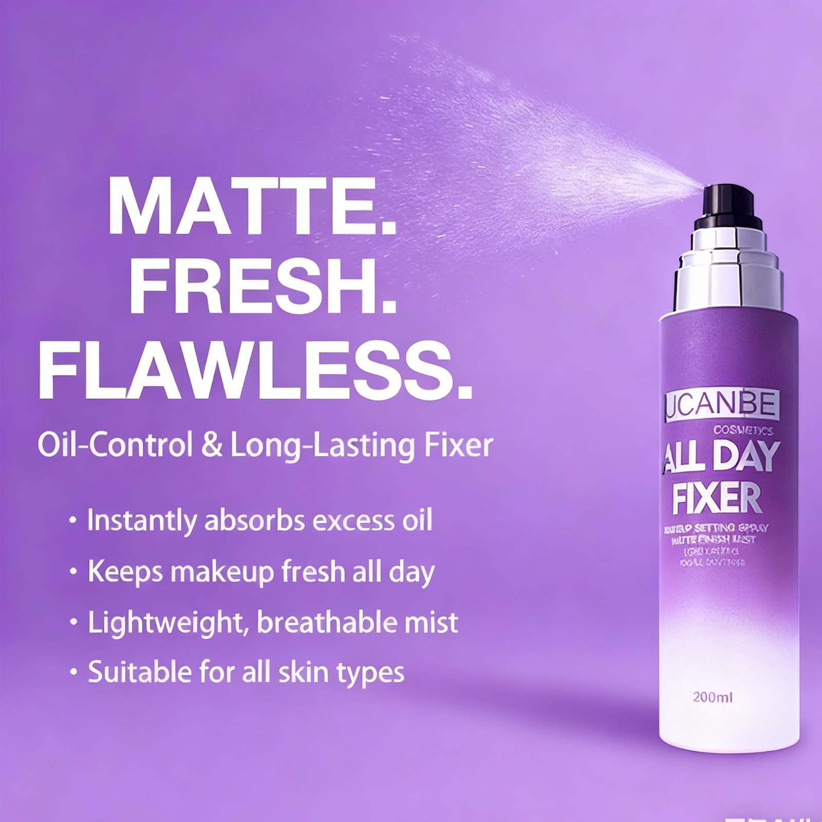 UCANBE spray nozzle close-up showing fine mist for even makeup setting
