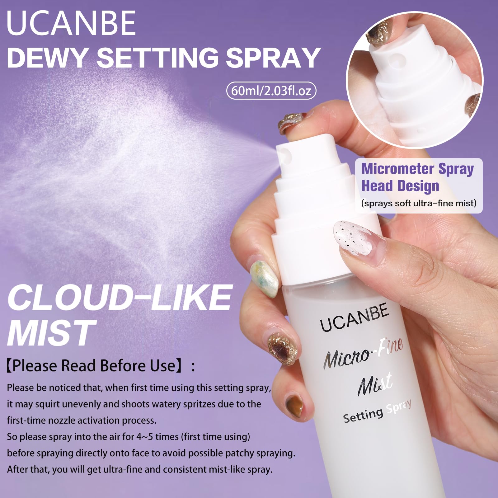 UCANBE micro-fine mist close-up delivering even coverage benefit
