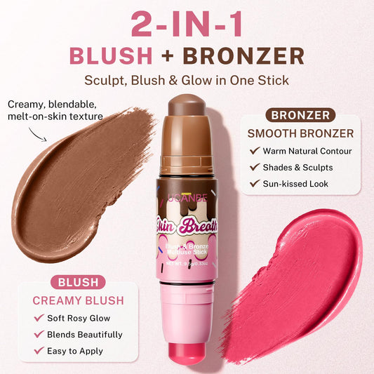 UCANBE dual-ended stick open to reveal blush and bronzer ends for on-the-go application