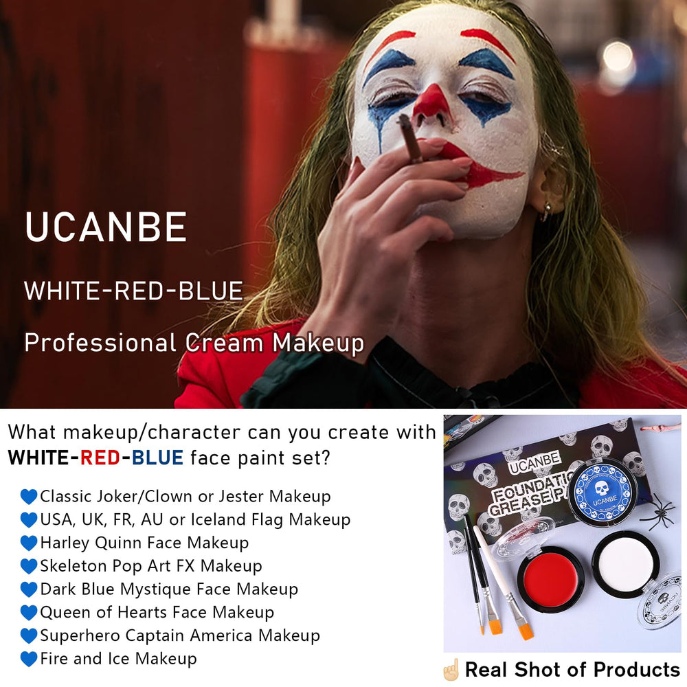 UCANBE model with Joker US-flag face paint showing bold, long-lasting color