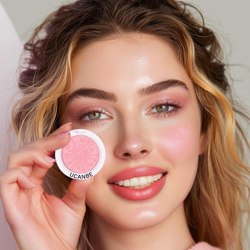 UCANBE applied on model cheek demonstrating natural peach glow benefit