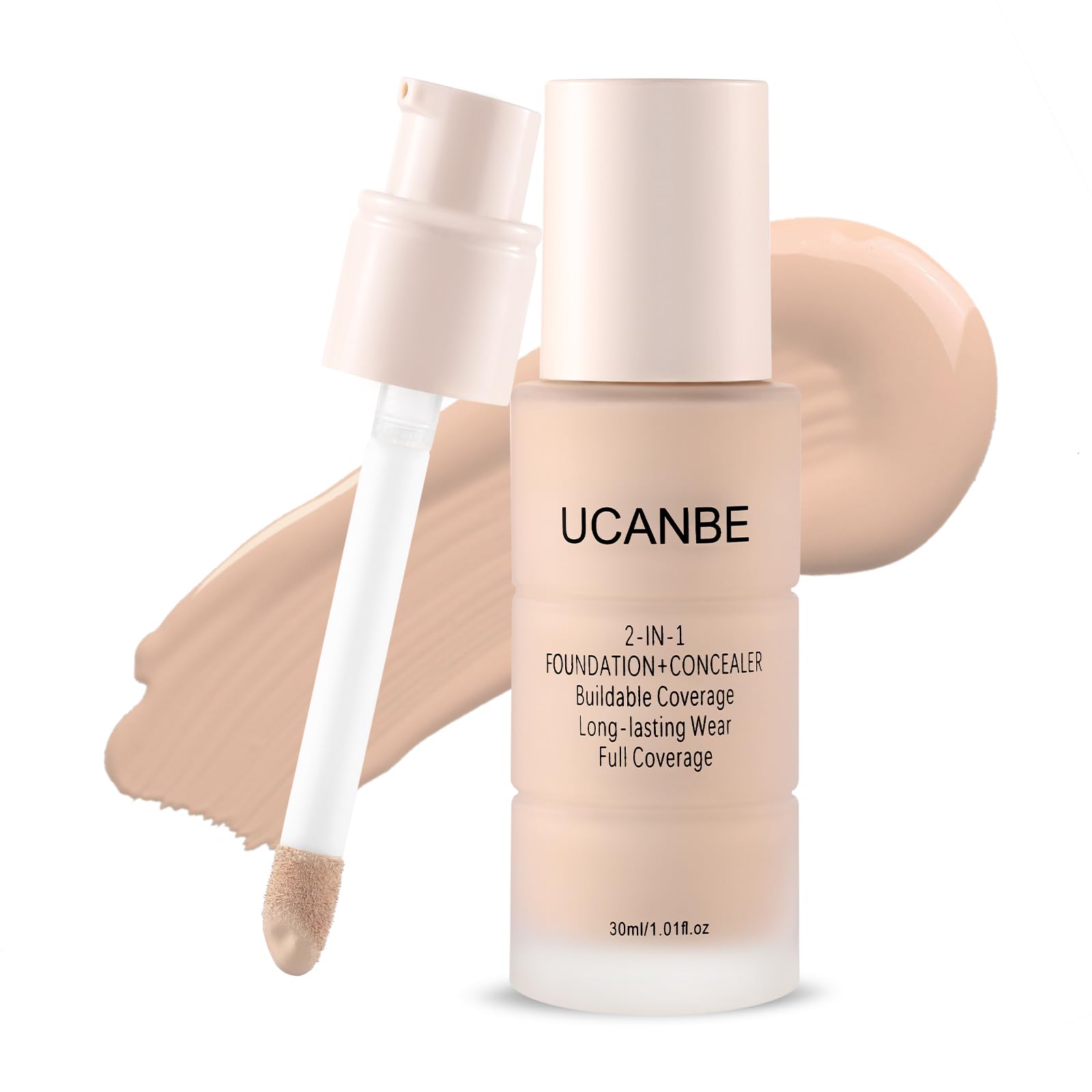 UCANBE front packaging of 2-in-1 foundation plus concealer showing shade label and pump — clear storage benefit
