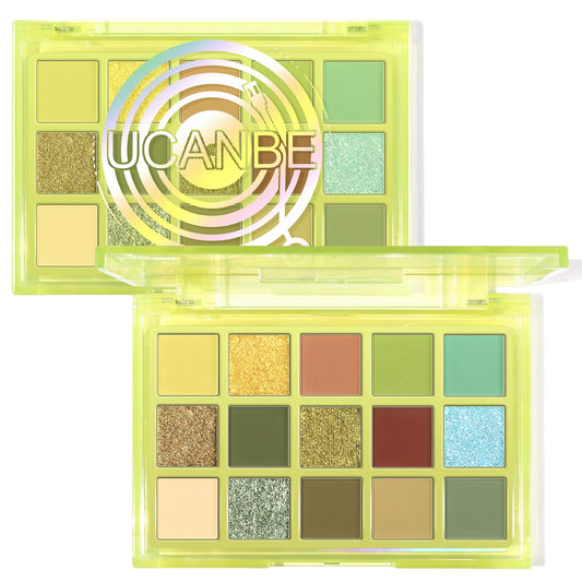 UCANBE front packaging showing compact green case and 15 shades for travel convenience