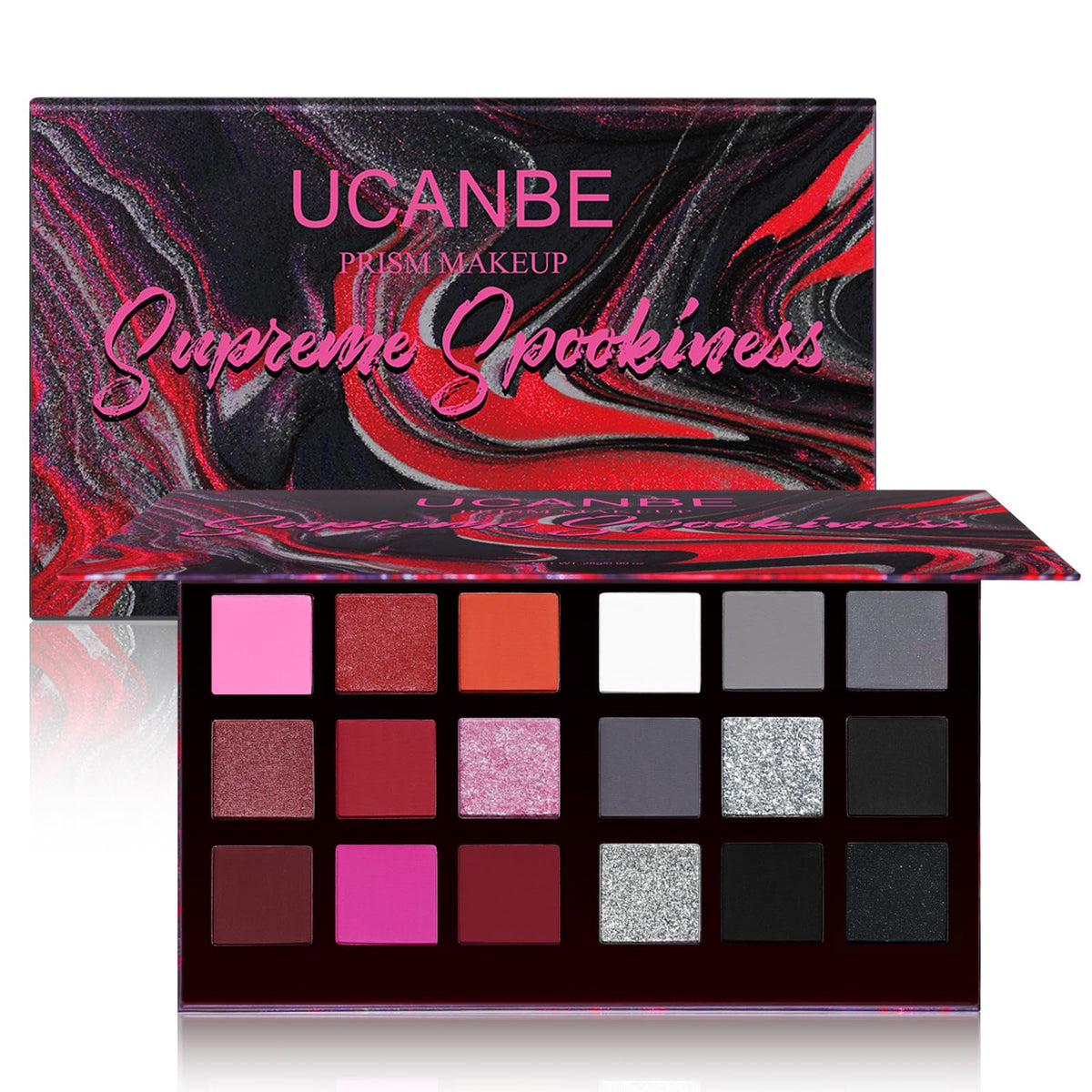 UCANBE open palette front view showing 18 shades and easy selection benefit