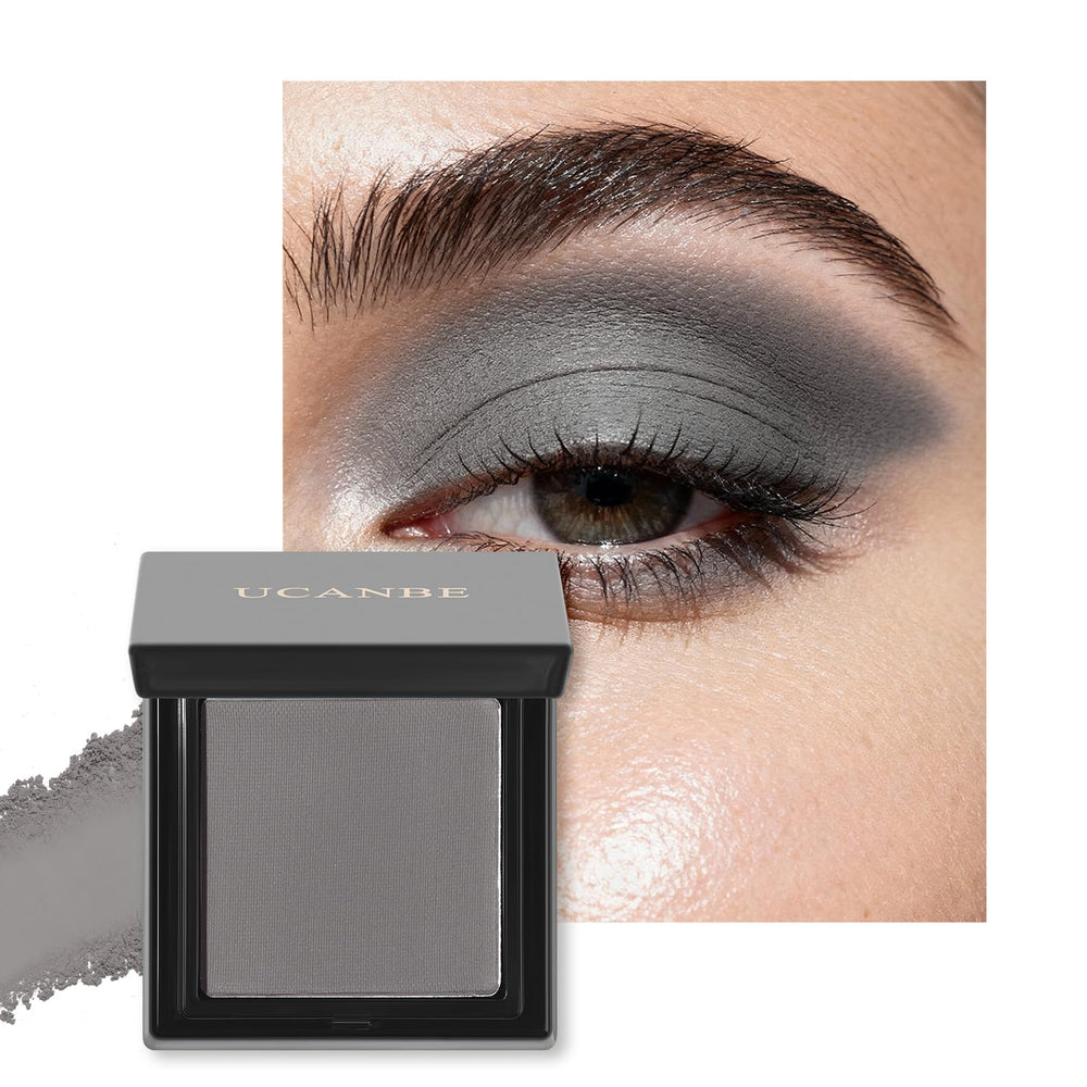 UCANBE front pan open gray single eyeshadow showing compact design and portability benefit