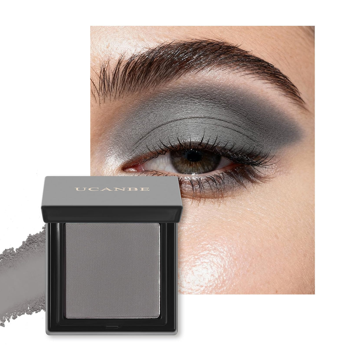 UCANBE front pan open gray single eyeshadow showing compact design and portability benefit
