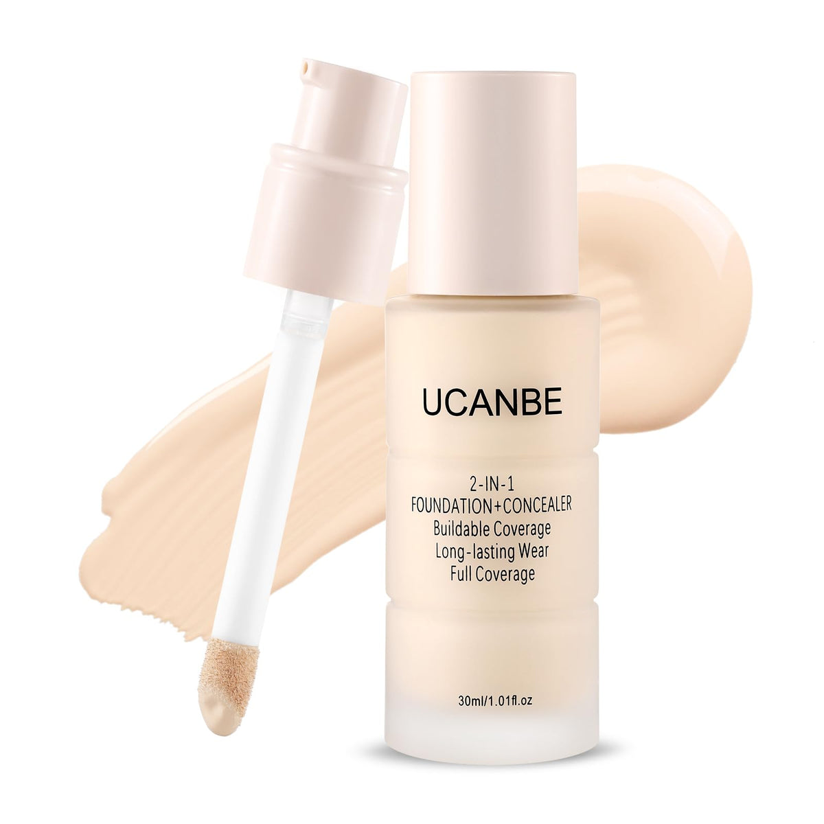UCANBE front pump bottle Classic Ivory showing dual applicator benefit