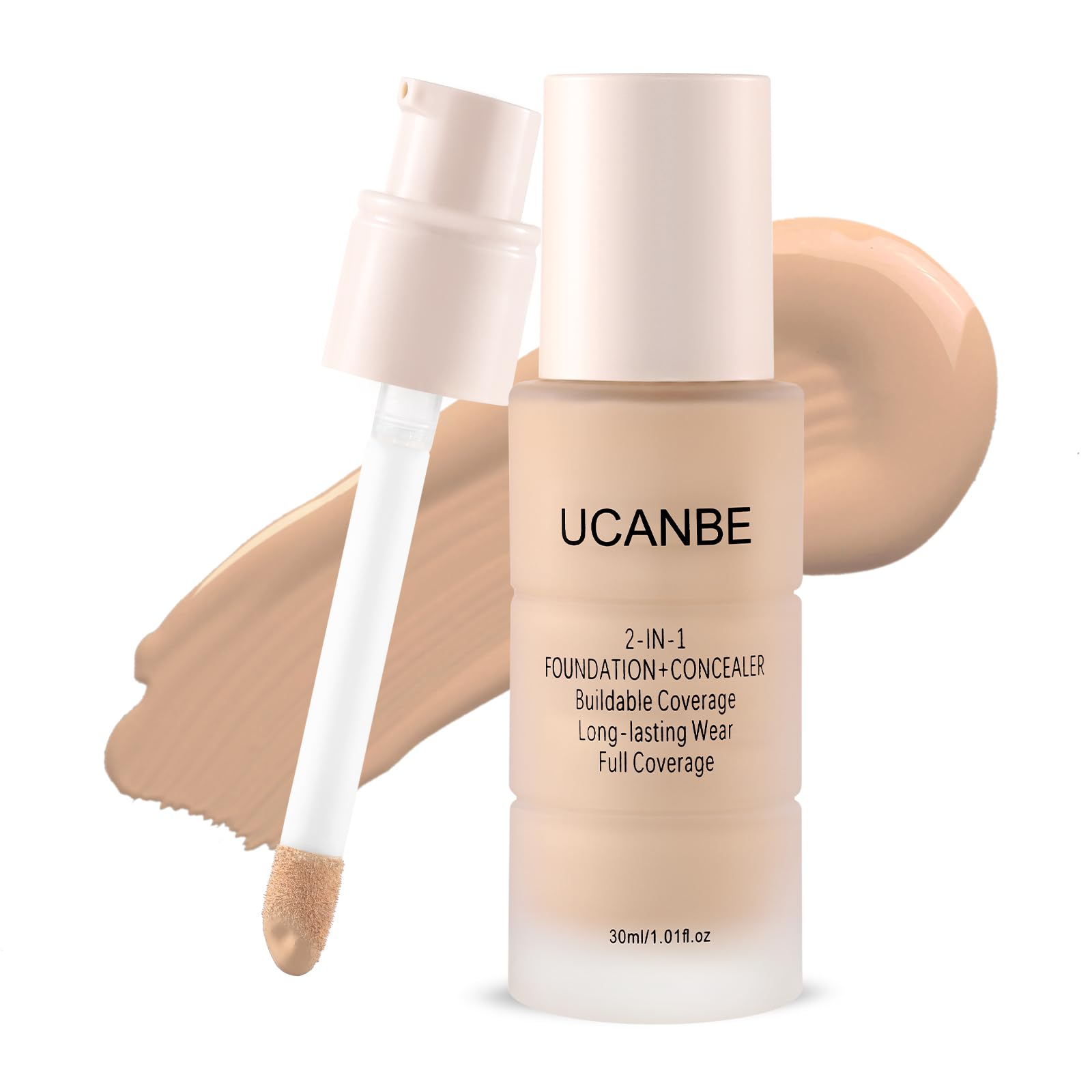UCANBE front pump bottle showing medium beige shade and convenient dispenser