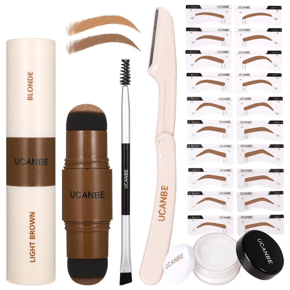 UCANBE kit front view showing all included eyebrow tools and pouch for convenience