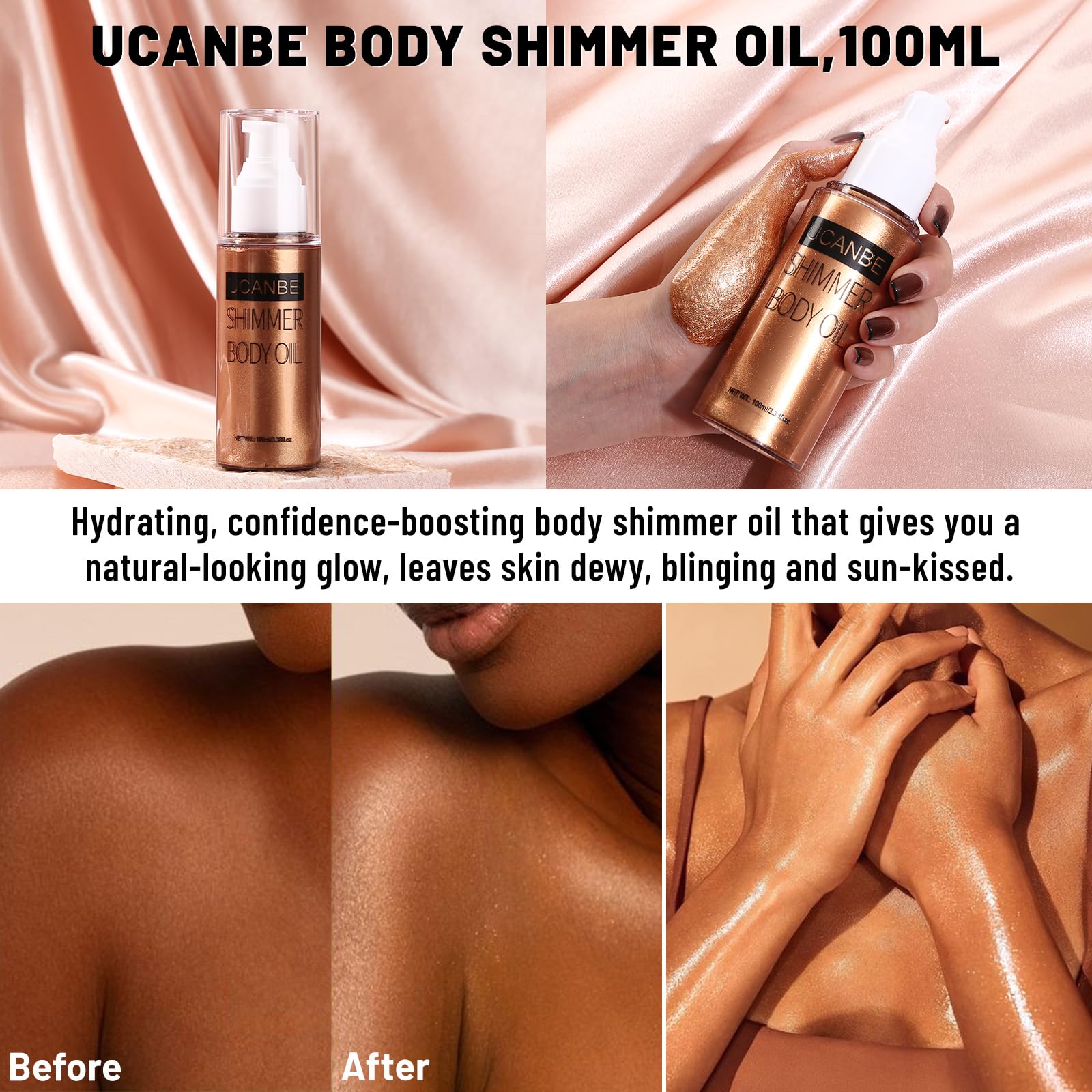 UCANBE on legs and arms in lifestyle shot showing bronzed luminous finish