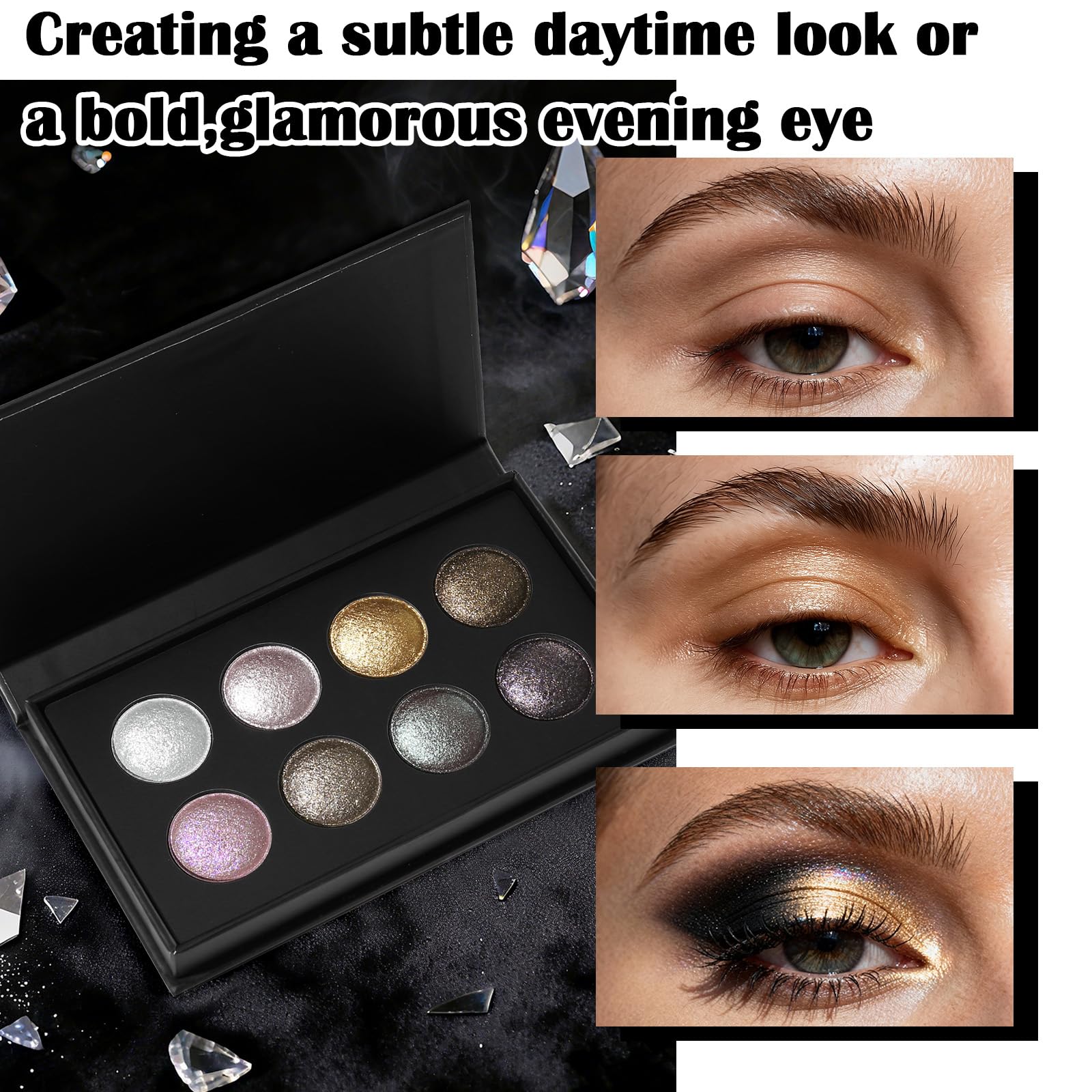 UCANBE lifestyle evening look showcasing radiant metallic eyeshadow impact