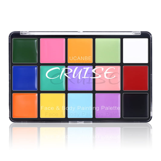 UCANBE macaron palette top view showing 15 vivid colors and portability benefit
