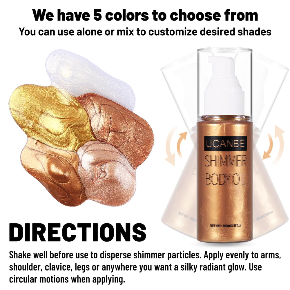 UCANBE oil texture on skin close-up, shows fine shimmer and hydrating finish