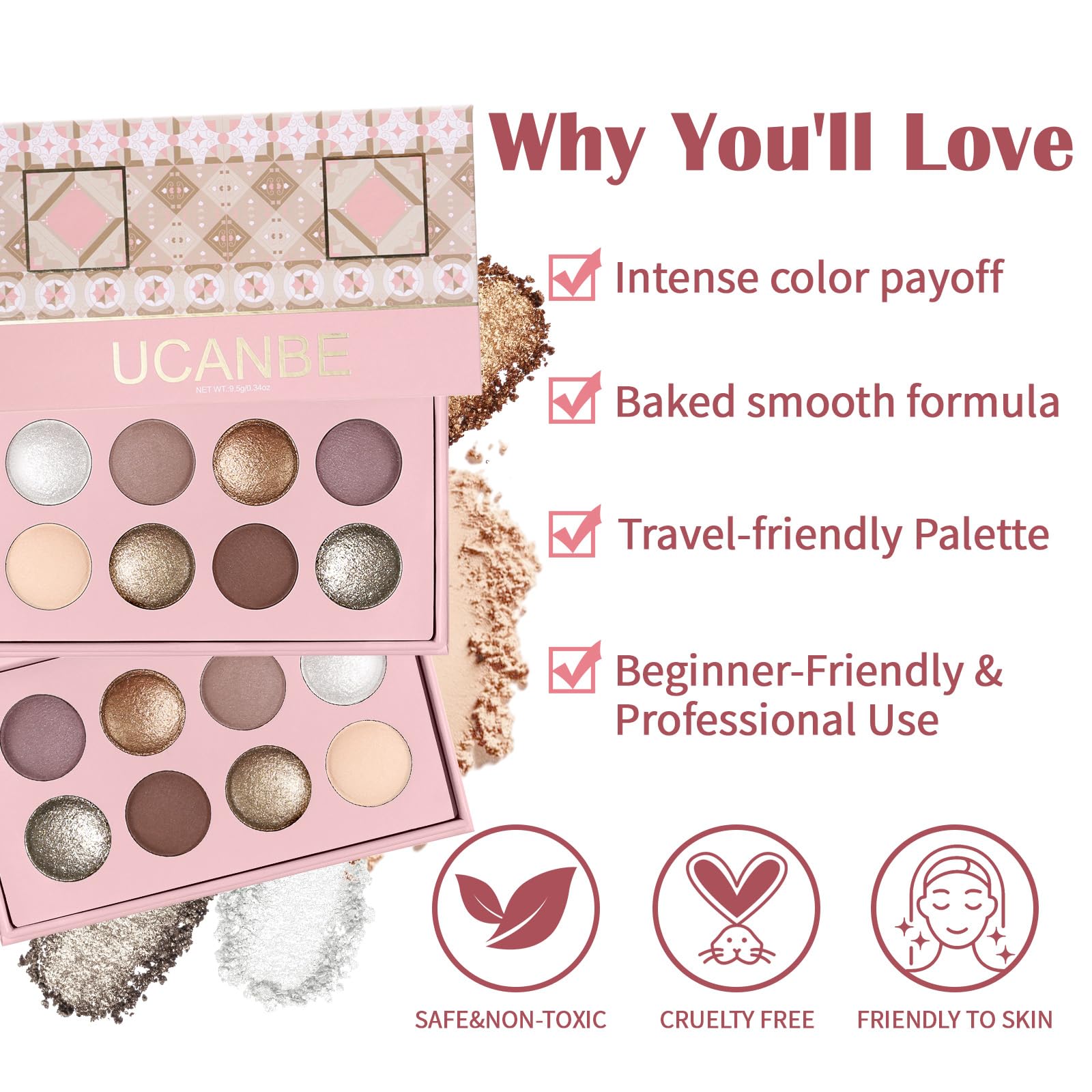 UCANBE open palette top-down view displaying eight matte and shimmer shades clearly