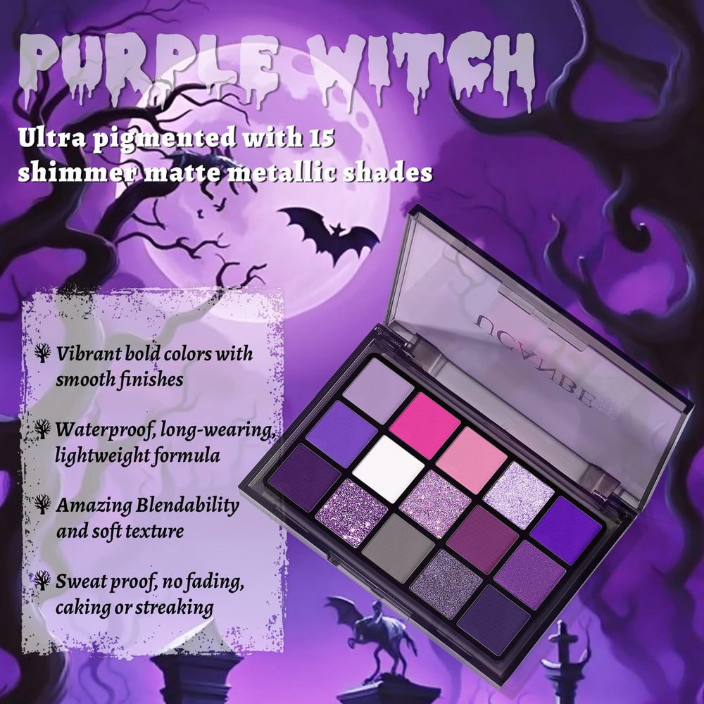 UCANBE open palette revealing 15 purple-toned pans to mix mattes, shimmers, and metallics for varied looks