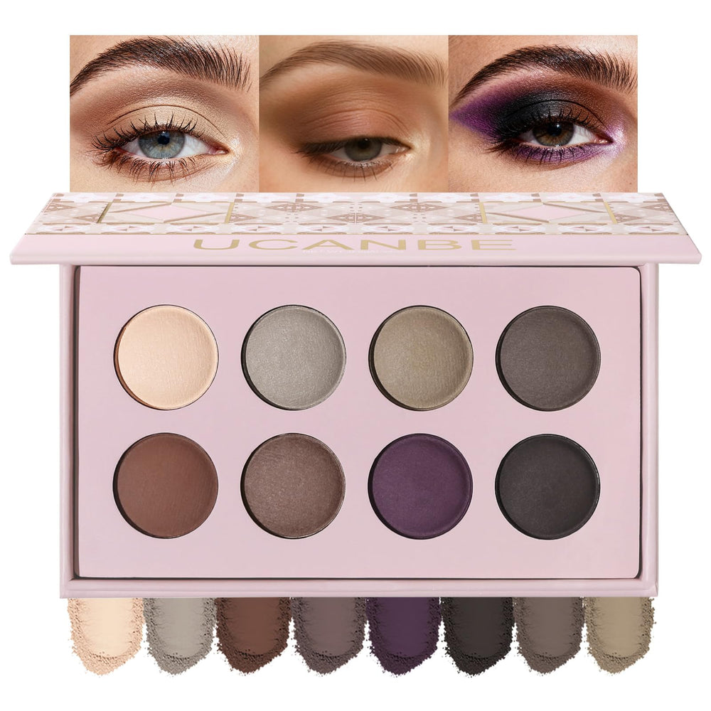 UCANBE palette front open showing eight matte shades for versatile looks