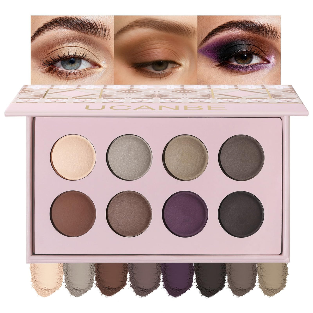 UCANBE palette front open showing eight matte shades for versatile looks
