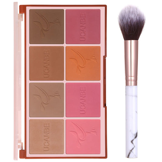 UCANBE palette front open showing eight matte pans and included brush for versatile looks