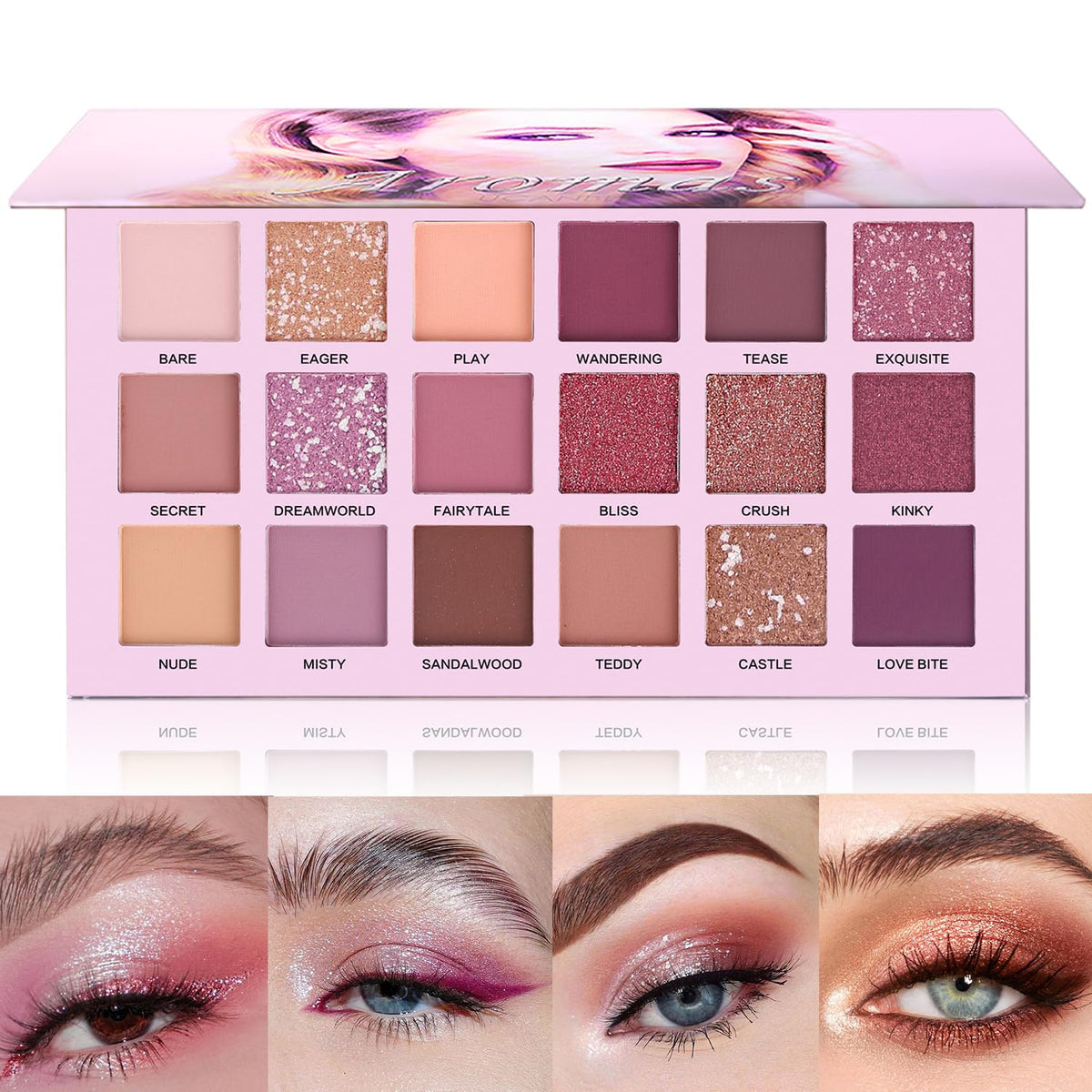 UCANBE palette front view showing 18 shades and mirror for portable convenience