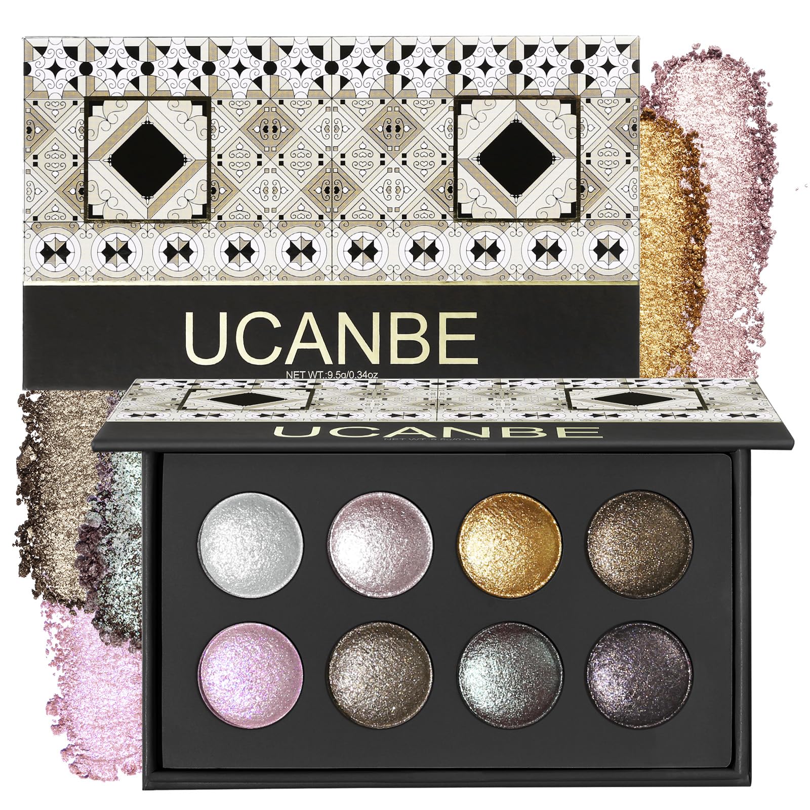 UCANBE palette front view showing eight metallic shades and compact design