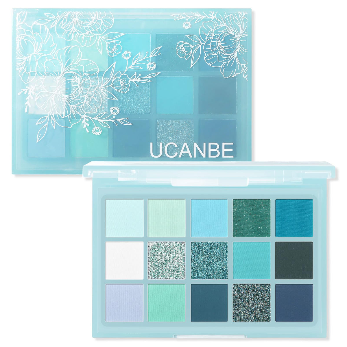UCANBE front view of full 15-color palette showing cool blues and greens, easy color selection